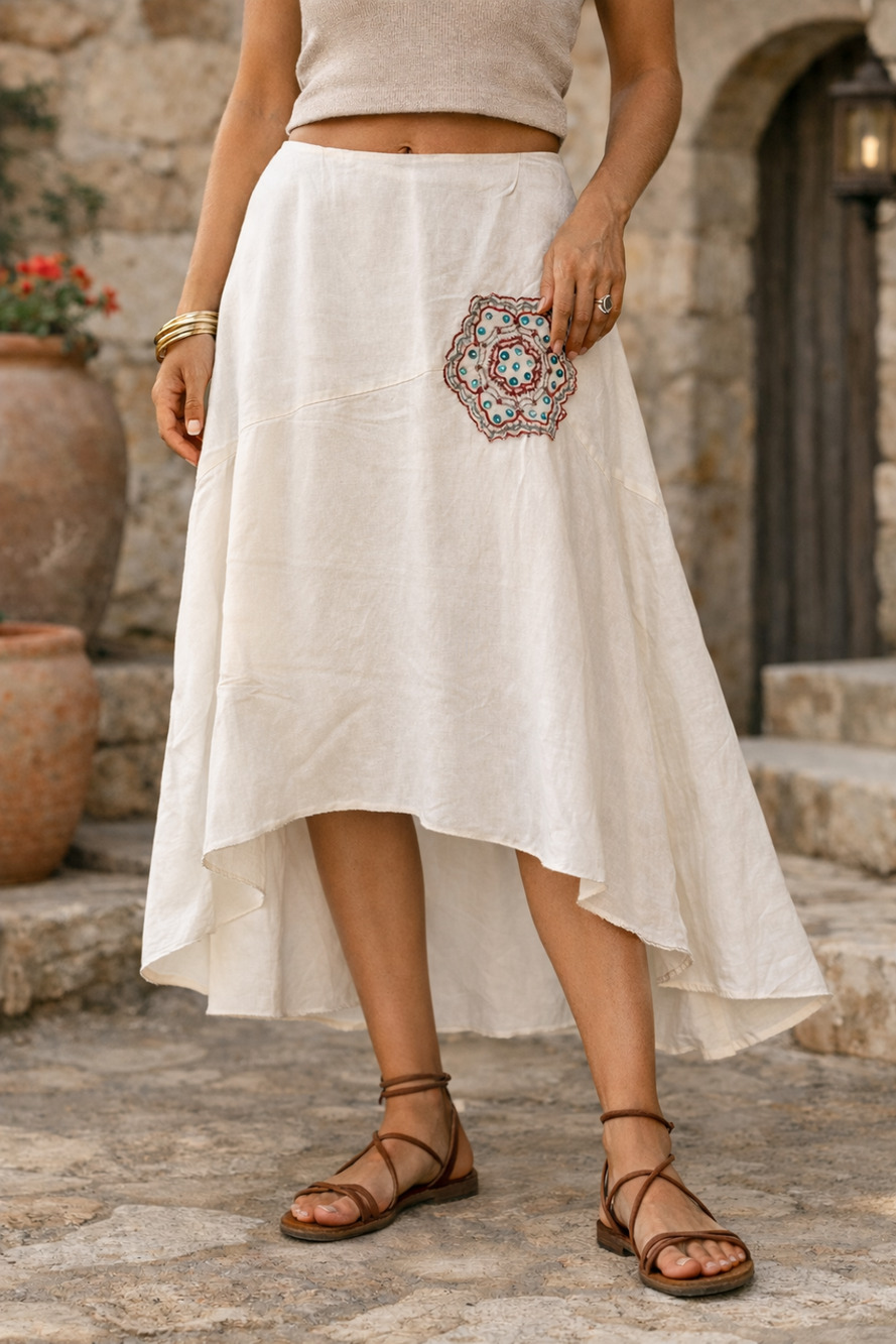 Vintage Boho resort minimalist White High Low Embroidered Midi Skirt Size 14